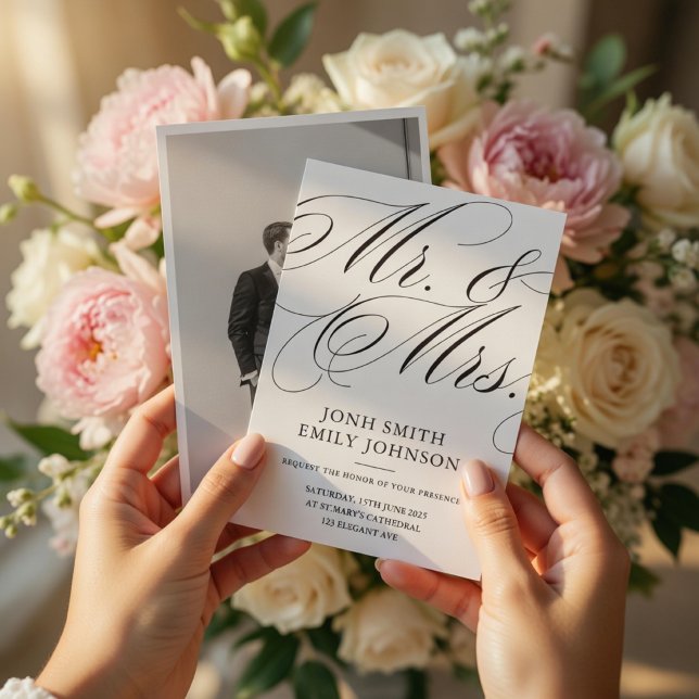 Elegant Mr & Mrs Wedding Photo Script Calligraphy  Invitation (Creator Uploaded)