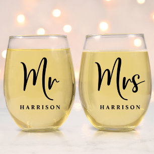 Elegant Mr Mrs Wedding Stemless Wine Glass