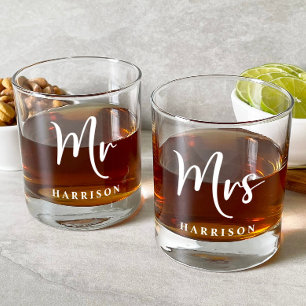 Elegant Mr Mrs Wedding Whiskey Glass