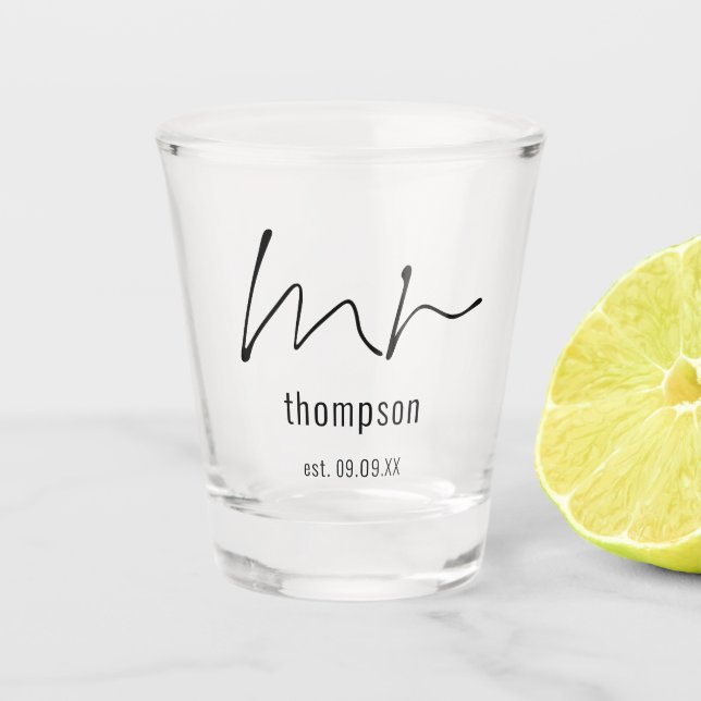 Elegant Mr Name Script Newlywed Keepsake Gift  Shot Glass (Front)