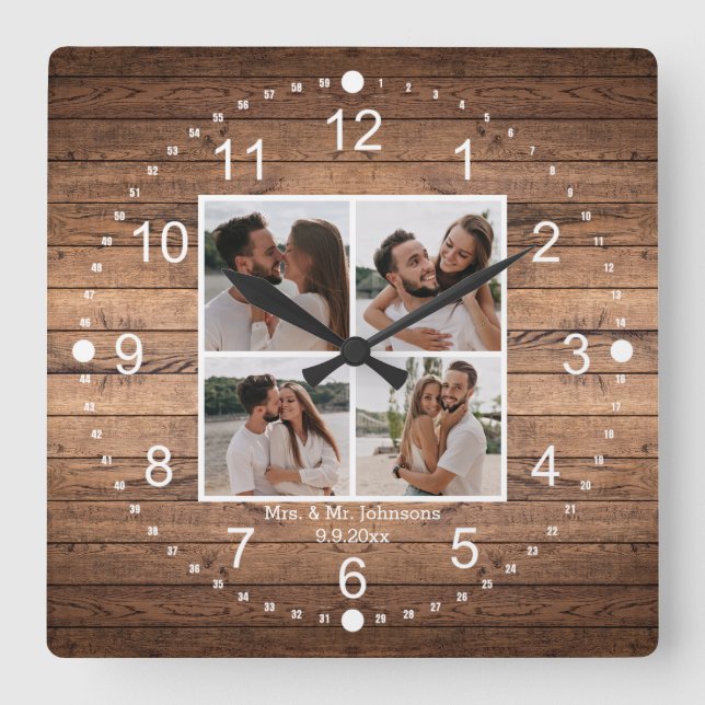 elegant mrs & mr  4 photos collage rustic wedding square wall clock (Front)