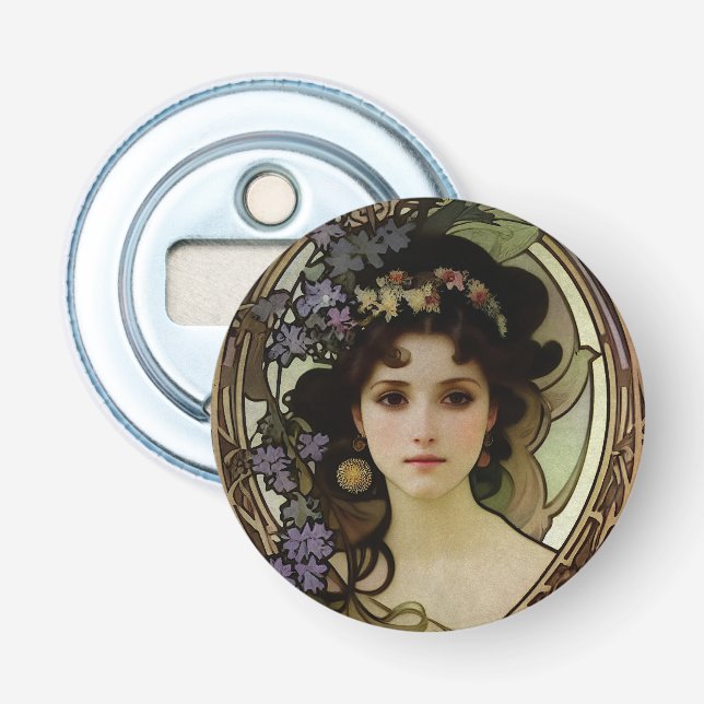 Elegant Mucha Style Portrait of a Beautiful Woman Bottle Opener (Front)