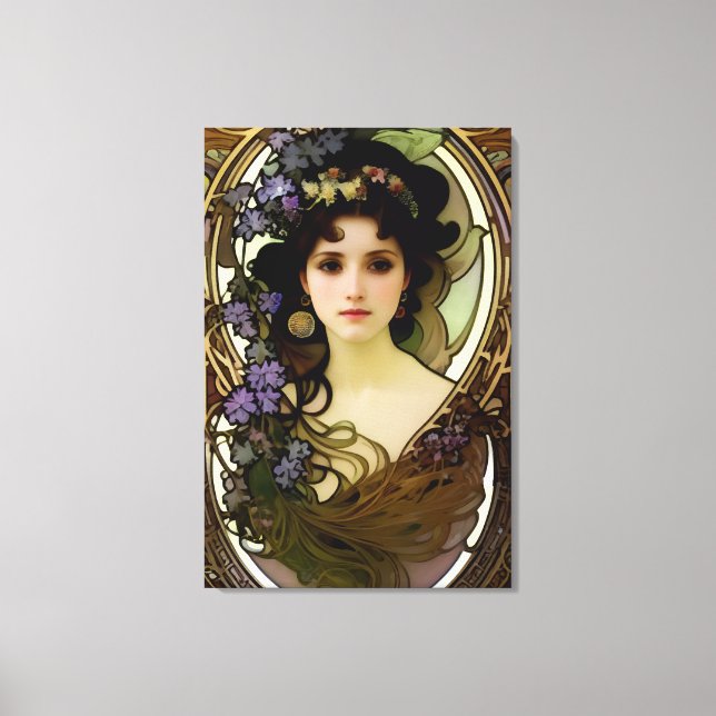Elegant Mucha Style Portrait of a Beautiful Woman Canvas Print (Front)