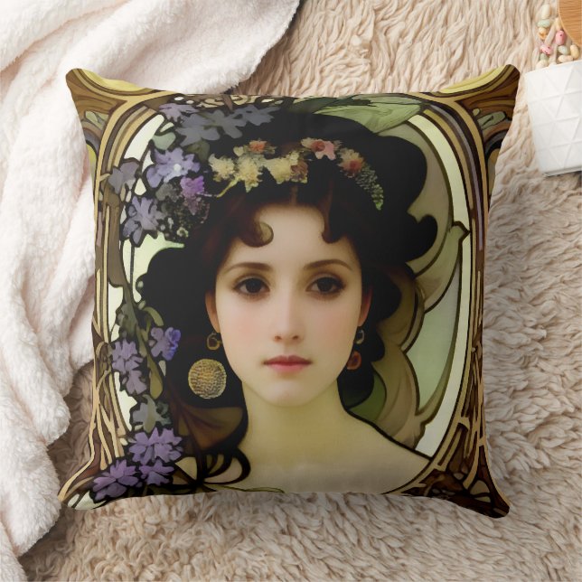 Elegant Mucha Style Portrait of a Beautiful Woman Cushion (Blanket)