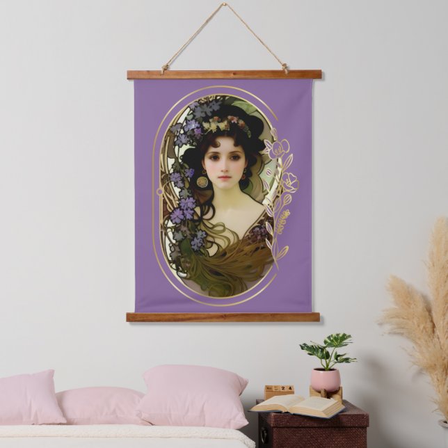 Elegant Mucha Style Portrait of a Beautiful Woman Hanging Tapestry (Bedroom)