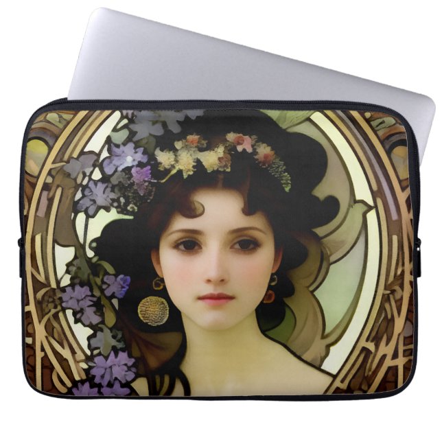 Elegant Mucha Style Portrait of a Beautiful Woman Laptop Sleeve (Front)