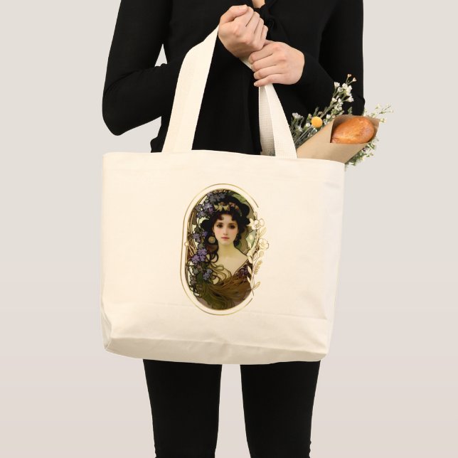 Elegant Mucha Style Portrait of a Beautiful Woman Large Tote Bag (Front (Product))