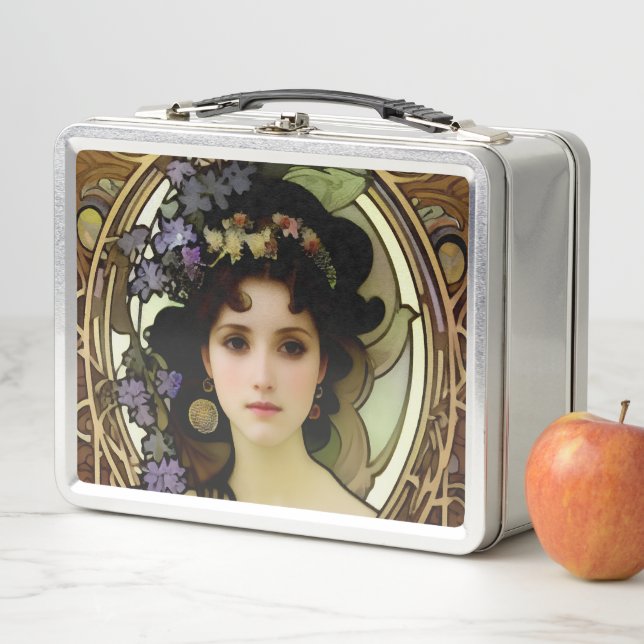 Elegant Mucha Style Portrait of a Beautiful Woman Metal Lunch Box (In Situ)