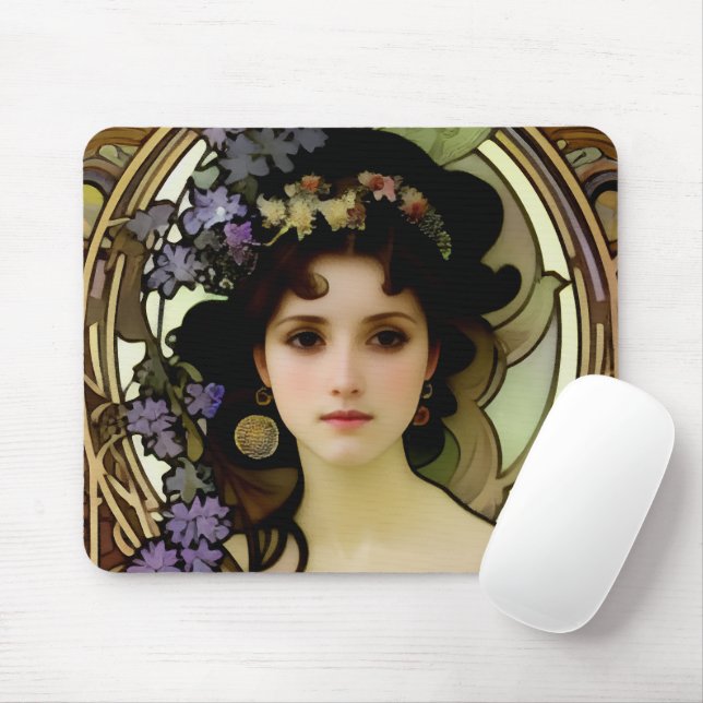 Elegant Mucha Style Portrait of a Beautiful Woman Mouse Mat (With Mouse)