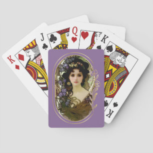 Elegant Mucha Style Portrait of a Beautiful Woman Playing Cards