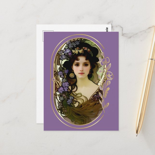 Elegant Mucha Style Portrait of a Beautiful Woman Postcard (Front/Back In Situ)