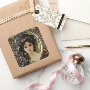 Elegant Mucha Style Portrait of a Beautiful Woman Square Sticker