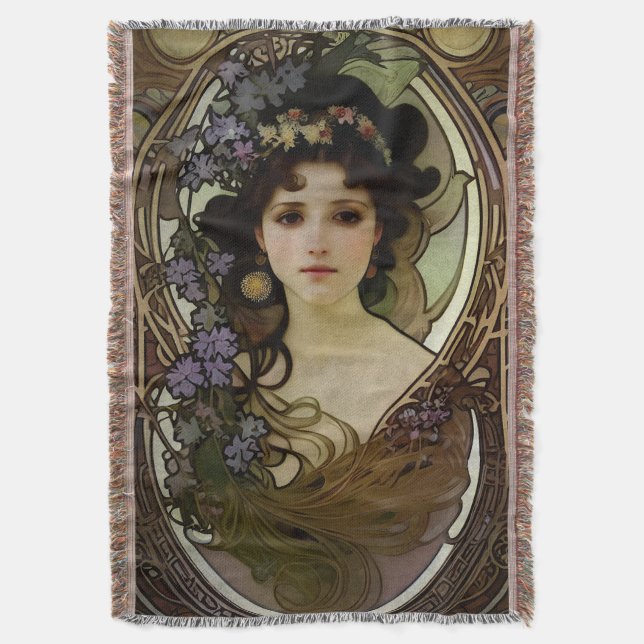 Elegant Mucha Style Portrait of a Beautiful Woman Throw Blanket (Front Vertical)