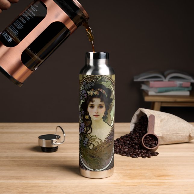 Elegant Mucha Style Portrait of a Beautiful Woman Water Bottle (Coffee)