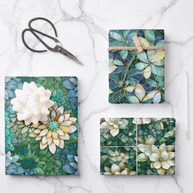 Elegant Multi Colour Flowers Mosaic Glass Wrapping Paper Sheet (Front)