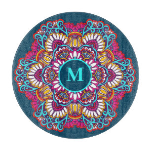 Elegant Multi-Colour Mandala Flourish Monogram Cutting Board
