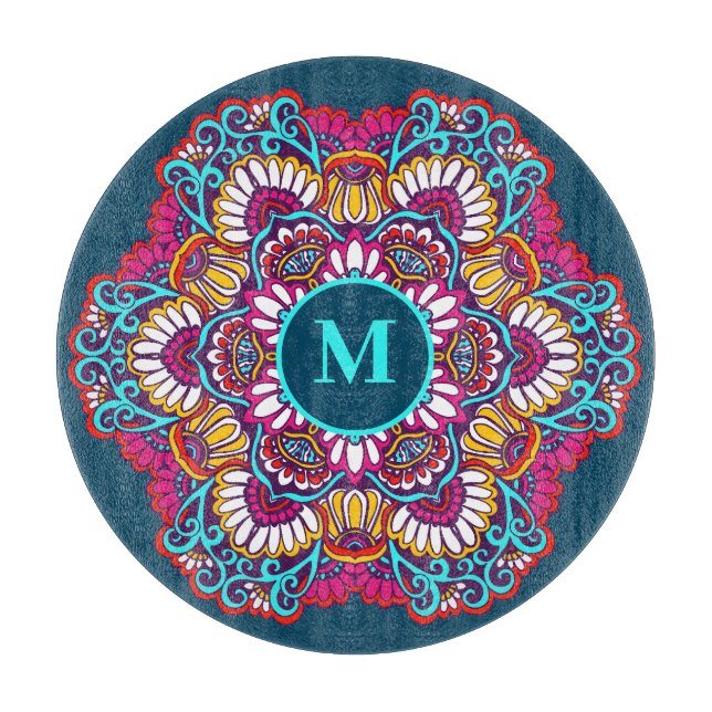 Elegant Multi-Colour Mandala Flourish Monogram Cutting Board (Front)
