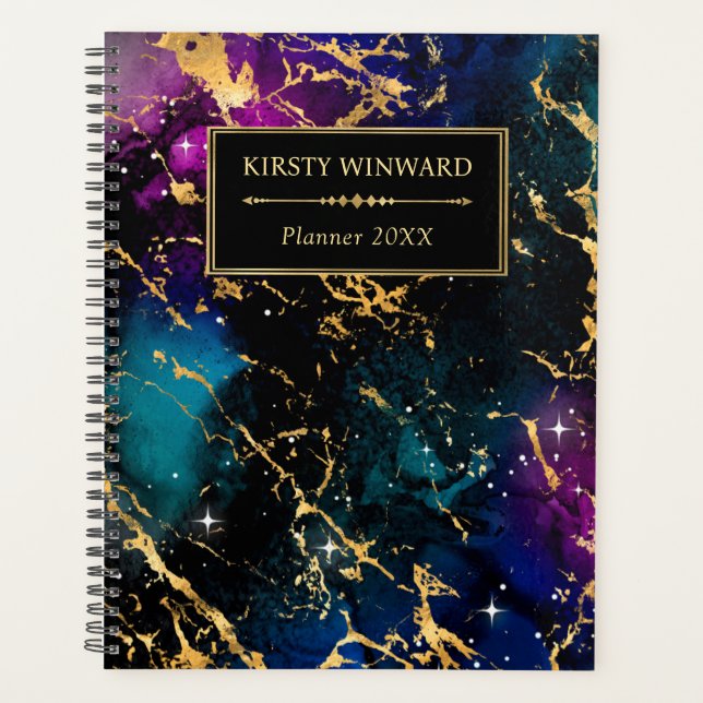 Elegant Multi Colours & Gold Galaxy Marble Monogra Planner (Front)