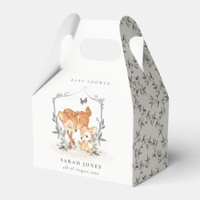 Elegant Mum Deer Fawn Floral Crest Baby Shower Favour Box (Front Side)