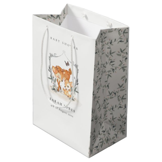 Elegant Mum Deer Fawn Floral Crest Baby Shower Medium Gift Bag (Back Angled)