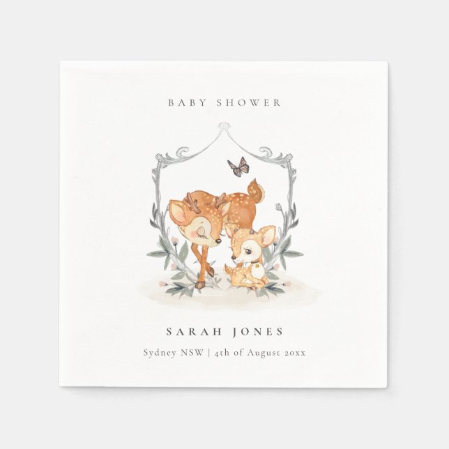 Elegant Mum Deer Fawn Floral Crest Baby Shower Napkin (Front)