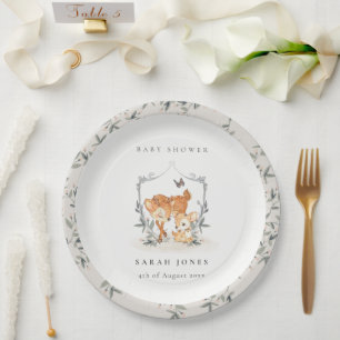 Elegant Mum Deer Fawn Floral Crest Baby Shower Paper Plate