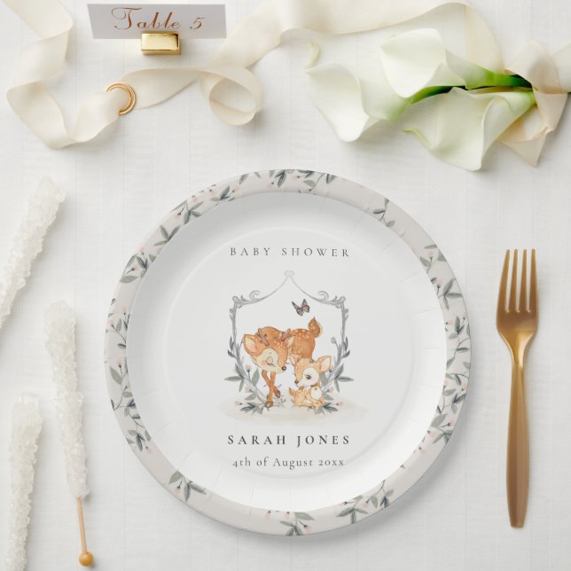 Elegant Mum Deer Fawn Floral Crest Baby Shower Paper Plate (Wedding)