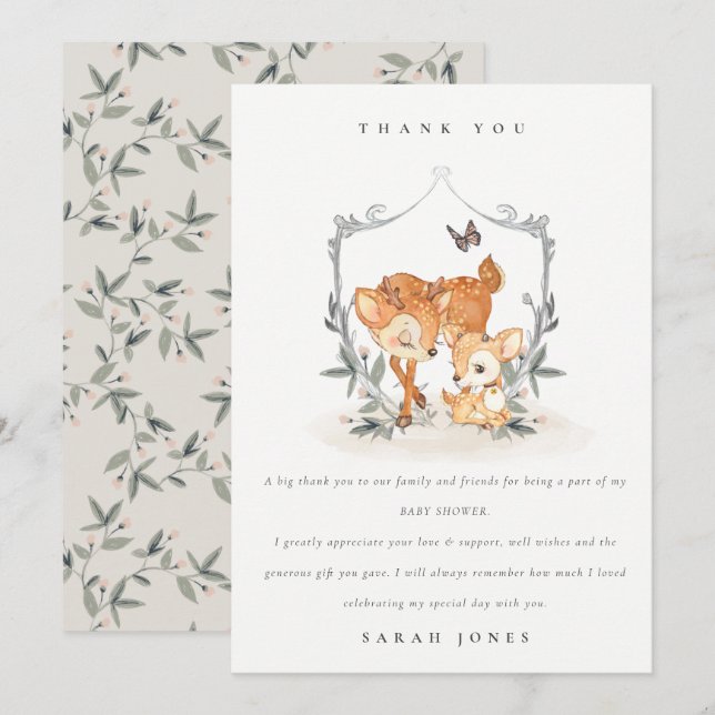 Elegant Mum Deer Fawn Floral Crest Baby Shower Thank You Card (Front/Back)