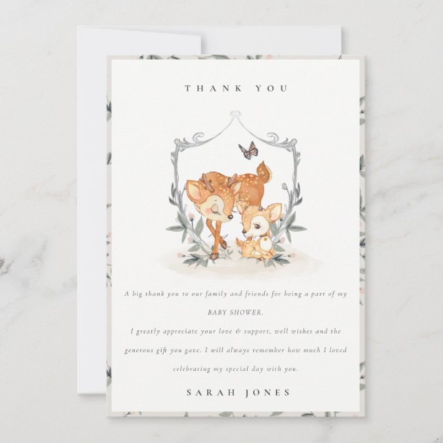 Elegant Mum Deer Fawn Floral Crest Baby Shower Thank You Card (Front)
