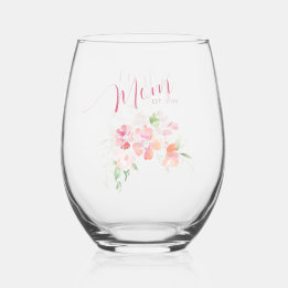 Elegant Mum Est Year Blush Pink Floral Watercolor Stemless Wine Glass