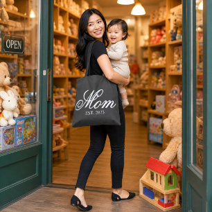 Elegant Mum Established Year White Script Tote Bag