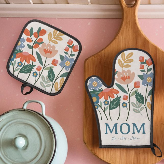 Elegant Mum Floral Flowers Personalised  Oven Mitt & Pot Holder Set (Elegant Mom Floral Flowers Personalized Oven Mitt & Pot Holder Set)