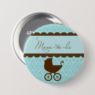 Elegant Mum-to-Be Baby Carriage and Blue Damask 7.5 Cm Round Badge