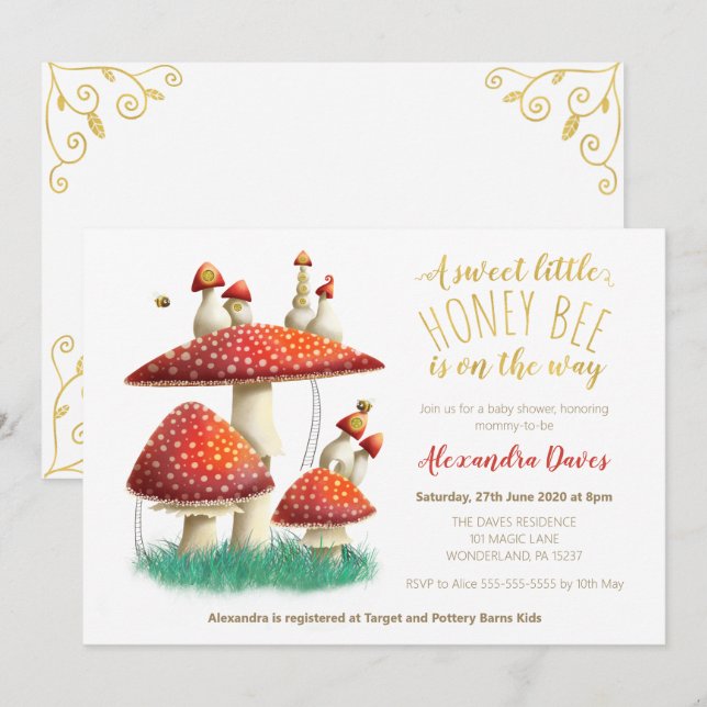 Elegant mushroom & bees gender neutral baby shower invitation (Front/Back)