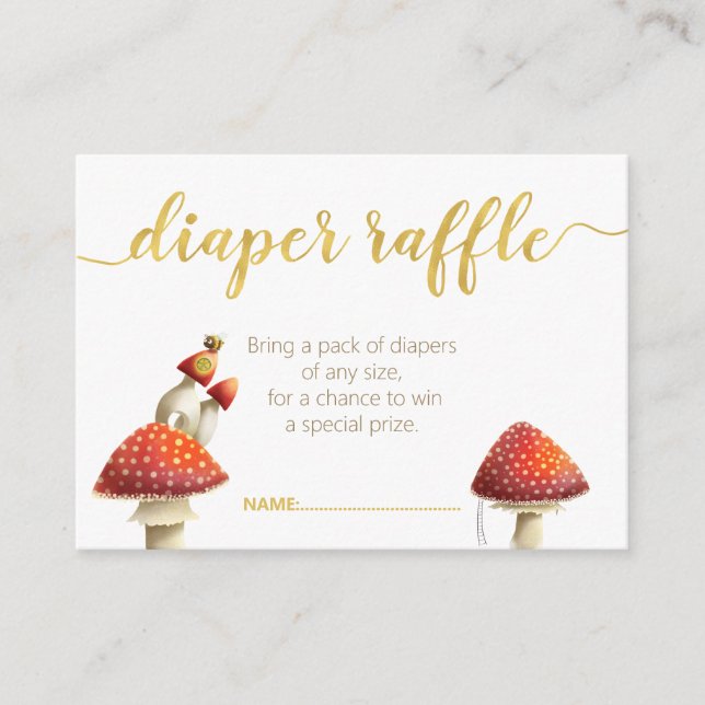 Elegant mushrooms & bees, gold foil diaper raffle enclosure card (Front)