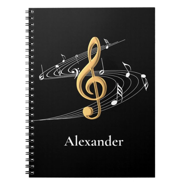 Elegant Music Gold Treble Clef Personalised Black Notebook (Front)