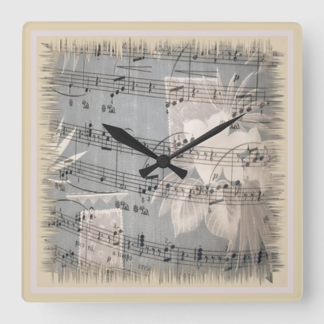 Elegant Music Notes In Blue And Beige Square Wall Clock (Front)