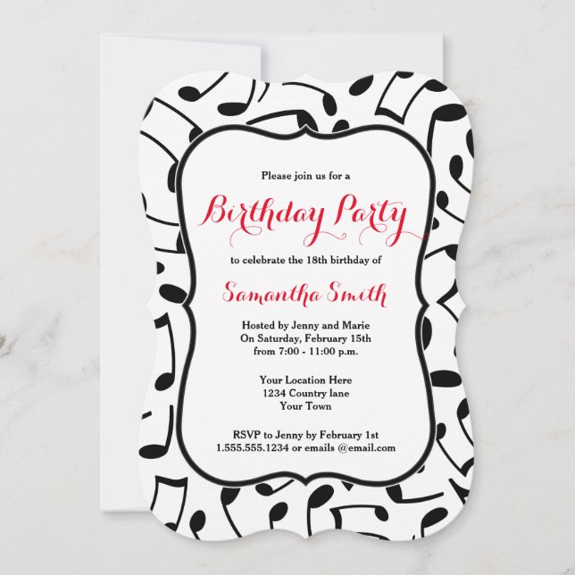 Elegant Music Notes Themed Birthday Party Invite (Front)