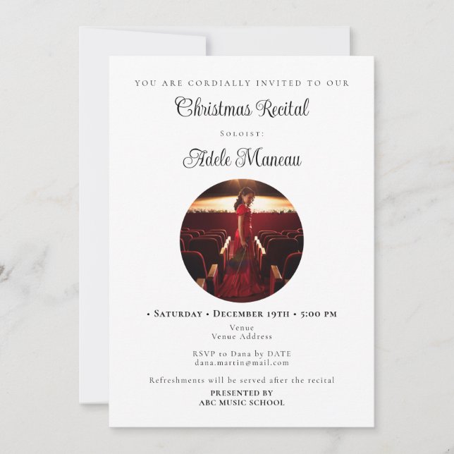 Elegant Music School Student Photo Recital Invitation (Front)