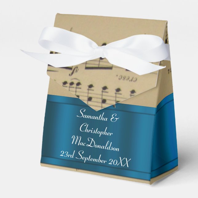 Elegant music sheet and blue wedding favour box (Front Side)
