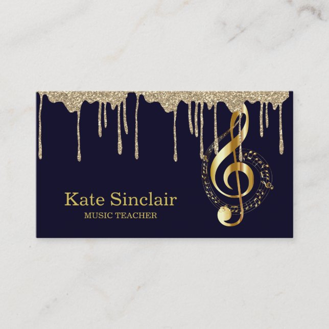 Elegant Music Teacher Piano Keys Musical Gold Drip Business Card (Front)