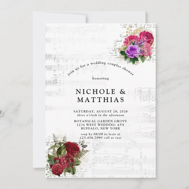Elegant Musical Floral Wedding Couples Shower Invitation (Front)