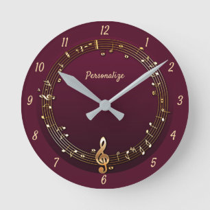 Elegant Musical Notes Clef Music Purple Gold Round Clock