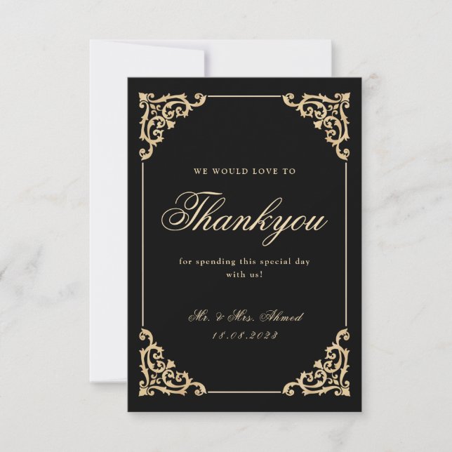 Elegant Muslim Black Gold Wedding Thank You Card (Front)