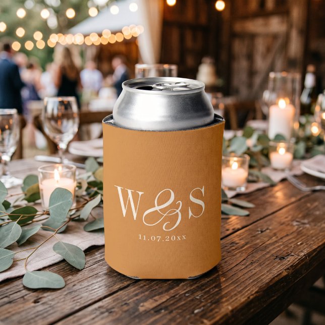 Elegant Mustard Wedding Couples Initials Can Cooler (Creator Uploaded)