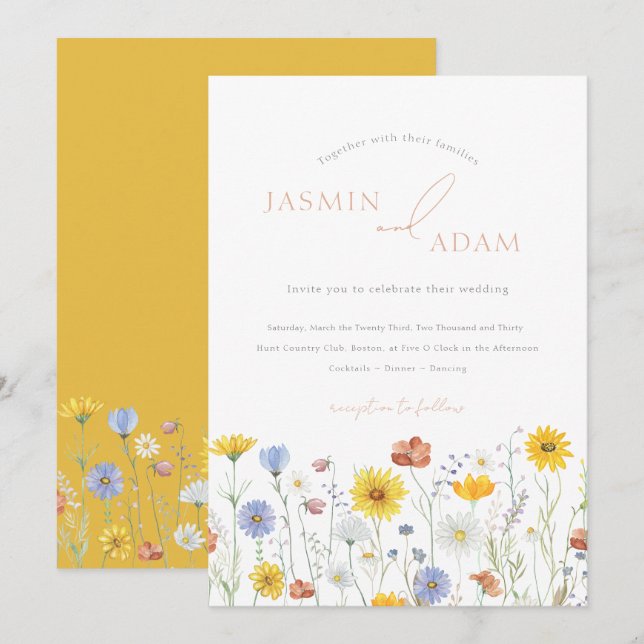 Elegant Mustard Wildflowers Monogram Wedding Invitation (Front/Back)