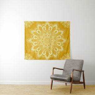 Elegant Mustard Yellow Flower Mandala Tapestry