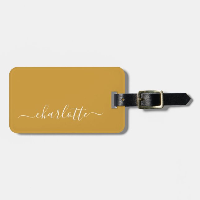 Elegant Mustard Yellow Script Name Personalised Luggage Tag (Front Horizontal)