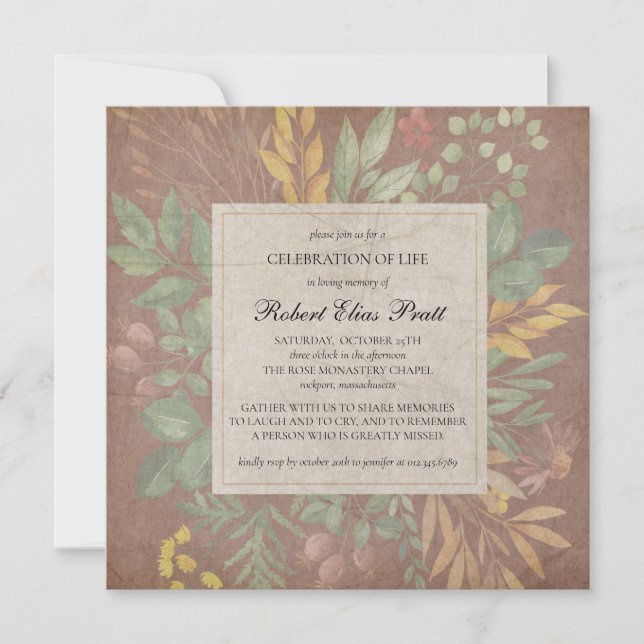 Elegant Muted Autumn Flowers Fall Funeral Invitati Invitation (Front)