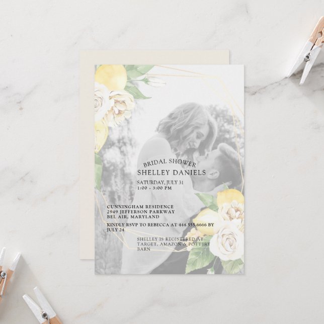 Elegant Muted Photo Lemons & Floral Bridal Shower  Invitation (Front/Back In Situ)